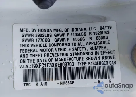 2019 Honda Civic Ex из США, поврежденный, VIN 19XFC1F3XKE003703